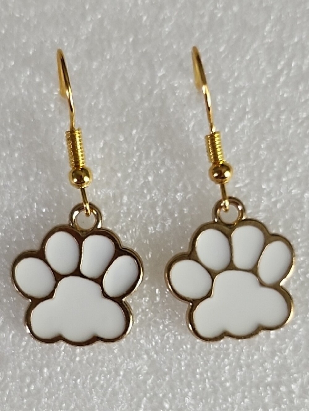 Hand Crafted White and Gold Paw Print Dangle Earrings